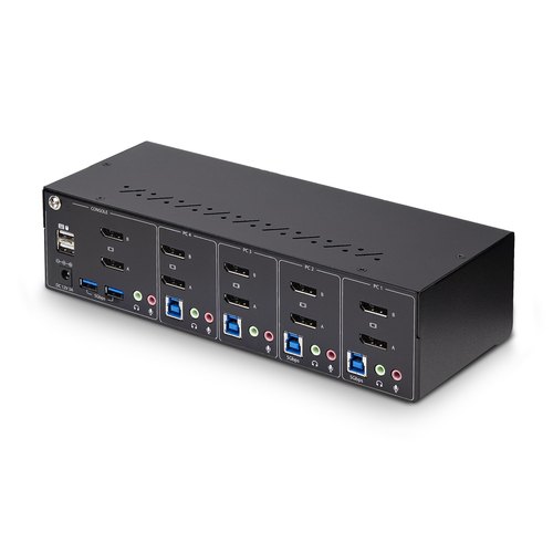 StarTech.com 4-Port Dual-Monitor DisplayPort KVM Switch, 4K 60Hz, 2x USB 5Gbps Hub Ports, 2x USB 2.0 HID Ports, Hotkey/Drukknop Schakeling, TAA Compliant, 3.5mm Audio, HDCP