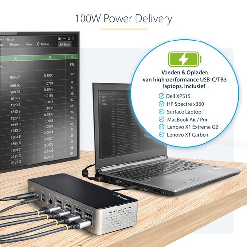 StarTech.com USB-C Dock, 4K 60Hz Quad Monitor DisplayPort & HDMI, Universeel USB Type-C Docking Station met 100W Power Delivery, USB Hub met 1x USB Type-C & 3x USB-A, Ethernet, Audio