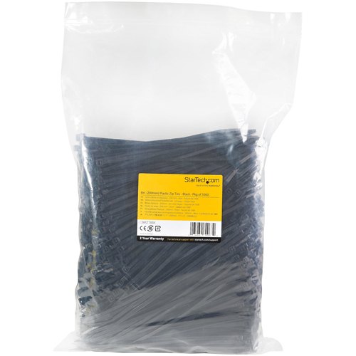 StarTech.com 20 cm Zwarte Kabelbinders 4 mm Breed, 55 mm Bundeldiameter, 22 kg Treksterkte Zelfsluitende Snelbinders uit Nylon met Gebogen Punt, 94V-2/UL Listed, 1000 stuks
