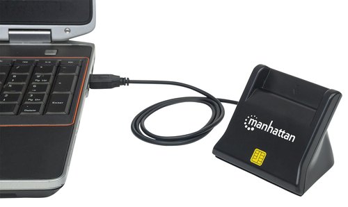 Manhattan USB-A smartcard-/SIM-kaartlezer, 480 Mbps (USB 2.0), verticaal desktopontwerp, frictie-insteekslot, kabel van 86 cm, zwart, 3 jaar garantie