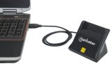 Manhattan USB-A smartcard-/SIM-kaartlezer, 480 Mbps (USB 2.0), verticaal desktopontwerp, frictie-insteekslot, kabel van 86 cm, zwart, 3 jaar garantie
