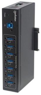 Manhattan USB-A 7-poorts industriële hub, 7× USB-A, 5 Gbps (USB 3.0), 20 kV ESD-bescherming, voeding via AC, bus of klemmenblok, DIN-rail, wandmontage, metalen behuizing, schroefvergrendeling