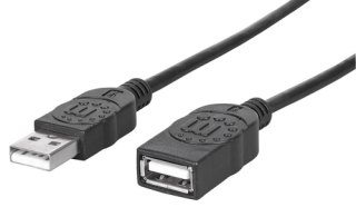 Manhattan USB-A naar USB-A verlengkabel, 1 m, mannelijk naar vrouwelijk, 480 Mbps (USB 2.0), zwart, levenslange garantie, equivalent aan USBEXTAA3BK