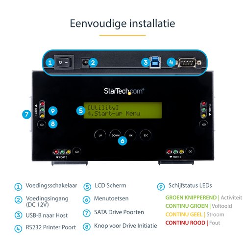 StarTech.com 4 Bay SSD/HDD Hard Drive Eraser, 2.5" & 3.5" SATA, Hostless Externe Standalone Disk Wiper/Sanitizer, 9 Erase Modes, RS232 Printer Port, NIST/DOD & TAA Compliant