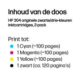 HP 304 originele zwarte/drie-kleuren inktcartridges, 2-pack