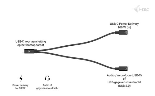 i-tec USB-C Cable Splitter Audio/Data + Power Delivery 100W