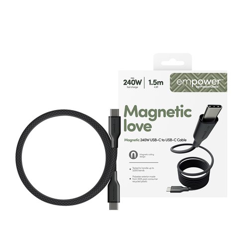PanzerGlass empower™ by ® Magnetic 240W USB-C to USB-C Cable | USB 2.0 | 1.5M | Space Black USB-kabel 1,5 m Transparant