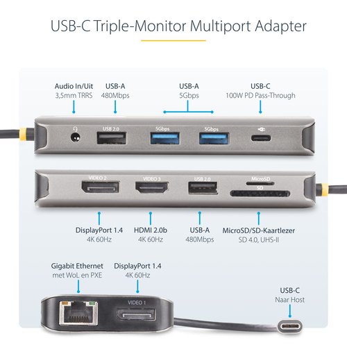 StarTech.com USB-C Triple Monitor Multiport Adapter, 5Gbps, Dual 4K 60Hz + 4K 30Hz HDMI & DisplayPort, 4-Port USB Hub, 100W PD Pass-Through, GbE, SD/MicroSD Kaartlezers