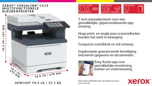 Xerox VersaLink C415 A4 40 ppm dubbelzijdig kopiëren en printen, scannen en faxen, geschikt voor PS3 PCL5e/6 2 laden voor max. 251 vel