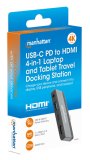 Manhattan USB-C travel dock, HDMI, USB-A, USB-C en 3,5 mm audio, met Power Delivery (PD) 100 W - vereist een externe USB-C-lader (niet inbegrepen). USB-gevoed (geen externe voeding vereist) wanneer PD niet wordt gebruikt
