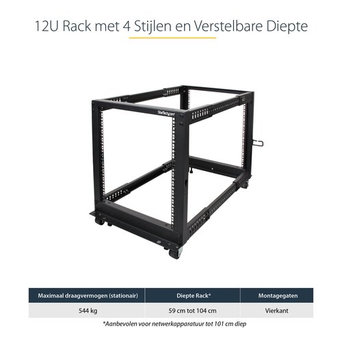 StarTech.com 4-Post 12U Mobiel Open Frame Server Rack, 19" Patchkast met Wielen en 4 Stijlen, Open Serverkast met Verstelbare Diepte voor Computer / AV / Netwerk Apparatuur - Wielen, Stelvoeten of Vloermontage
