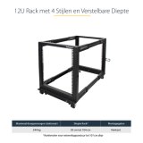 StarTech.com 4-Post 12U Mobiel Open Frame Server Rack, 19" Patchkast met Wielen en 4 Stijlen, Open Serverkast met Verstelbare Diepte voor Computer / AV / Netwerk Apparatuur - Wielen, Stelvoeten of Vloermontage