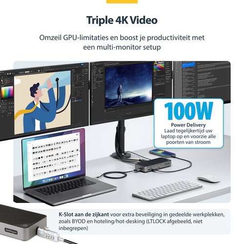 StarTech.com USB-C Triple Monitor Docking Station - HDMI/DP Triple 4k USB-C Dock - 5x USB Hub - GbE - 100W PD - Universeel Multi Monitor Docking Station - Thunderbolt 3/4 Compatibel