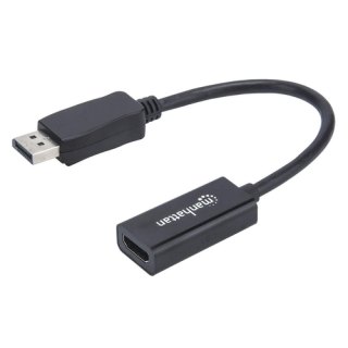 Manhattan DisplayPort 1.1 naar HDMI adapterkabel, 1080p@60Hz, 15 cm, mannelijk naar vrouwelijk, actieve signaalomzetting, met vergrendeling, niet bi-directioneel, zwart, 3 jaar garantie, equivalent aan DP2HDMI