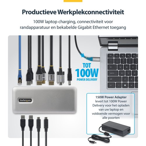 StarTech.com USB-C Docking Station Triple 4K Displays (2x 4K 60Hz, 1x 4K 30Hz), 100W Power Delivery, 6x USB 10Gbps, Gigabit Ethernet, DisplayPort + HDMI, Driverless Windows Laptop Dock