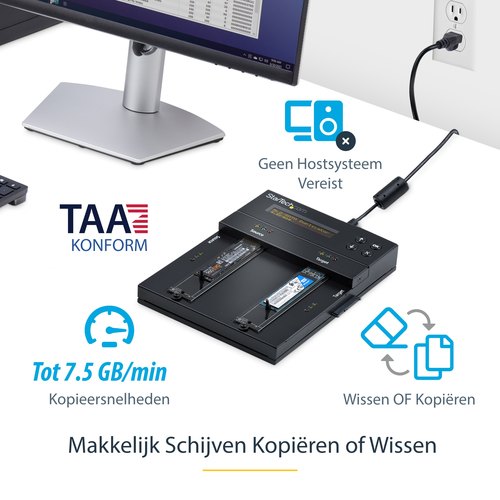StarTech.com Standalone Dual Bay M.2 SATA/NVMe Duplicator/Wisser, HDD/SSD Cloner voor M.2 PCIe AHCI/NVMe/SATA, NIST 800-88 & DoD 5220.22-M Secure Erase, 2.5/3.5in Schijven, Hard Drive Sanitizer