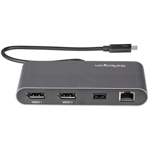 StarTech.com Dual-Monitor Thunderbolt Mini Dock, 4K 60Hz DisplayPort, Driverloze Hub voor Windows & Mac, Gigabit Ethernet, 1x USB-A (USB 5Gbps), 28cm Kabel