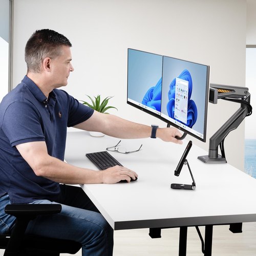 StarTech.com Dual Monitor Arm met Crossbar voor Bureau, Tot 27 inch Schermen, VESA 75x75/100x100, Max 15kg, C-klem, Volledig Scharnierend, Arm met Veermechanisme, TAA