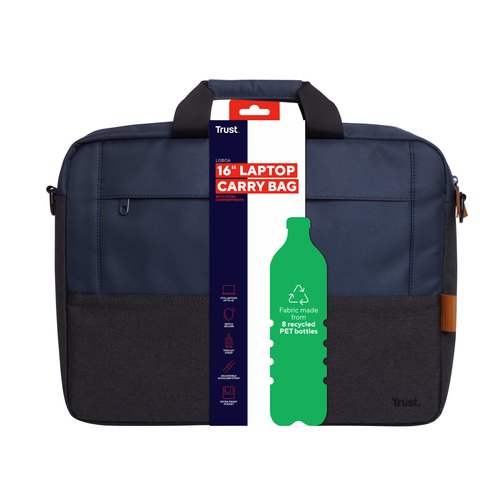 Trust Lisboa Laptop schoudertas 16 inch - Laptop schoudertas – Voor laptops tot 16 inch – Gerecycled polyester – Blauw