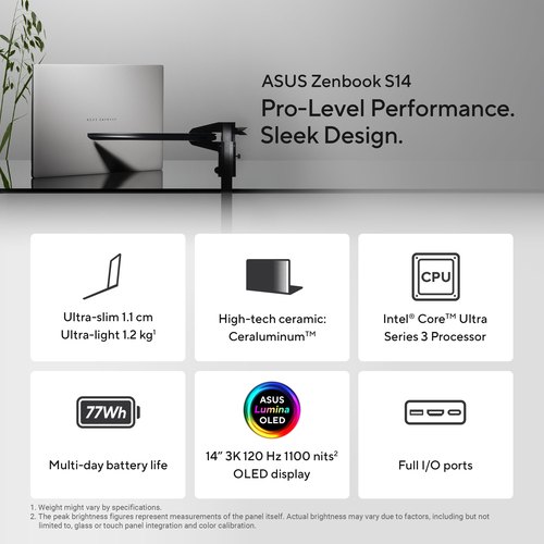 ASUS Zenbook S14 OLED UX5406AA-QJ045W Copilot+ PC Intel Core Ultra 9 386H Laptop 35,6 cm (14") WUXGA 32 GB LPDDR5x-SDRAM 1 TB SSD Wi-Fi 7 (802.11be) Windows 11 Home Grijs AZERTY Belgisch
