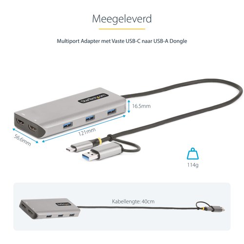 StarTech.com USB-C Multiport Adapter met Ingebouwde USB-C naar USB-A Dongle, Dual HDMI (4K30Hz/1080p60Hz), 3x USB-A 5Gbps, Mini Travel Dock, Laptop Docking Station, 40cm Kabel