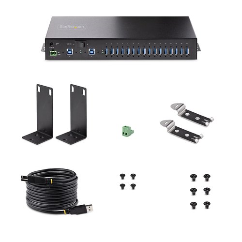 StarTech.com 16-Port Industrial USB 3.0 Hub, 5Gbps, Staal, DIN/Wand/Rack Monteerbaar, ESD Beveiliging, Terminal Block Voeding, Tot 120W Gedeelde USB Charging, Dual-Host Hub/Switch
