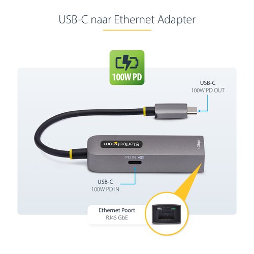 StarTech.com USB-C naar Ethernet Adapter, NIC, 100W PD Pass-Through, USB 3.0 Type-C 1Gbps Multi Speed Netwerk Adapter, Gigabit Ethernet, Thunderbolt Compatibel, Windows & Mac