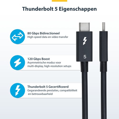 StarTech.com 50cm Thunderbolt 5 Kabel, 80Gbps/Tot 120Gbps, 240W PD EPR, 8K 60Hz, Thunderbolt-Gecertificeerde Kabel, Compatibel met Thunderbolt 4/USB4/USB-C