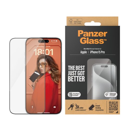 PanzerGlass ® Screen Protector iPhone 15 Pro | Ultra-Wide Fit w. EasyAligner Doorzichtige schermbeschermer Apple 1 stuk(s)