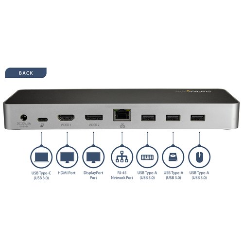 StarTech.com USB C Dock, Dual Monitor HDMI & DisplayPort 4K 30Hz, USB Type-C Laptop Docking Station, 60W Power Delivery, SD, 4 ports USB-A 3.0 Hub, GbE, Audio, Thunderbolt 3 Compatibel