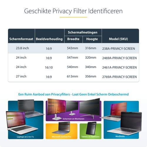 StarTech.com 23,8 inch 16:9 Computer Monitor Privacy Filter, Hangend Acryl Security Filter, Snel te installeren Privacy Screen, Monitor Screen Protector, +/- 30 Graden Kijkhoek, Glanzend
