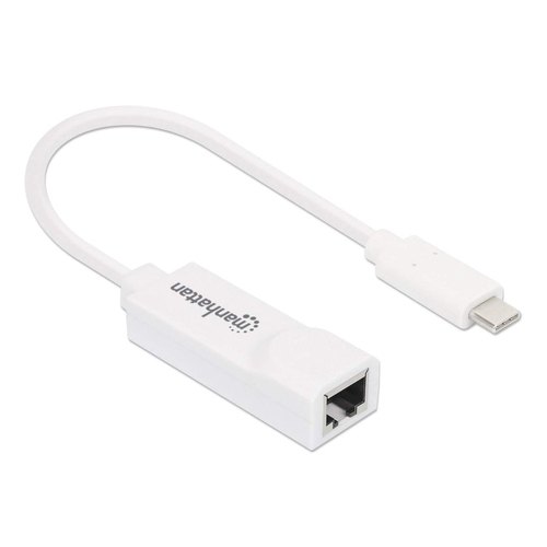 Manhattan USB-C naar Gigabit Ethernet adapter, netwerk 10/100/1000 Mbps, tot 2 Gbps full-duplex, RJ45, wit, 3 jaar garantie, equivalent van US1GC30W