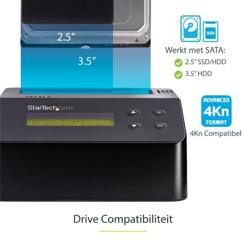 StarTech.com Single Bay Hard Drive Wisser, Standalone HDD/SSD Sanitizer/Eraser, 4Kn, USB 3.0 naar SATA III (6 Gbps), 9 Wismodi, LCD Display, Hard Disk Secure Erase Dock, DB-9 Printer Poort, TAA Compliant