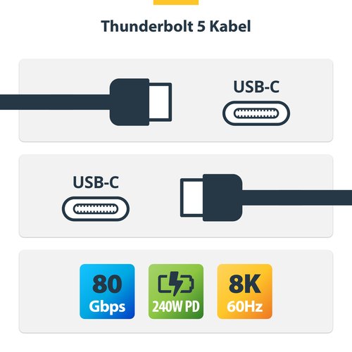 StarTech.com 50cm Thunderbolt 5 Kabel, 80Gbps/Tot 120Gbps, 240W PD EPR, 8K 60Hz, Thunderbolt-Gecertificeerde Kabel, Compatibel met Thunderbolt 4/USB4/USB-C