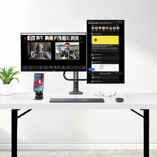 StarTech.com Dual Monitor Arm met Crossbar voor Bureau, Tot 27 inch Schermen, VESA 75x75/100x100, Max 15kg, C-klem, Volledig Scharnierend, Arm met Veermechanisme, TAA