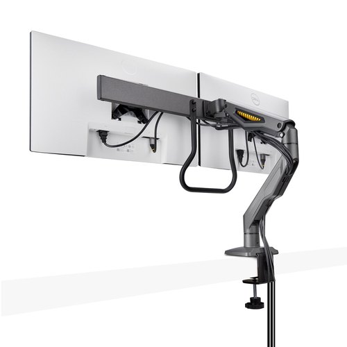 StarTech.com Dual Monitor Arm met Crossbar voor Bureau, Tot 27 inch Schermen, VESA 75x75/100x100, Max 15kg, C-klem, Volledig Scharnierend, Arm met Veermechanisme, TAA