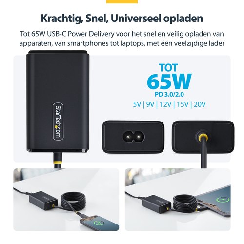 StarTech.com 65W USB-C Laptop Oplader met 1,5m Geïntegreerde USB-C Kabel, Power Adapter Brick voor Dell, XPS, HP ProBook, MacBook Pro, Microsoft Surface Pro