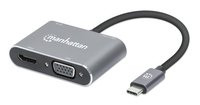 Manhattan USB-C dock/hub, poorten (4): HDMI, USB-A, USB-C en VGA, met Power Delivery (PD) 87 W - vereist een externe USB-C-lader (niet inbegrepen). USB-gevoed (geen externe voeding vereist) wanneer PD niet wordt gebruikt, aluminium