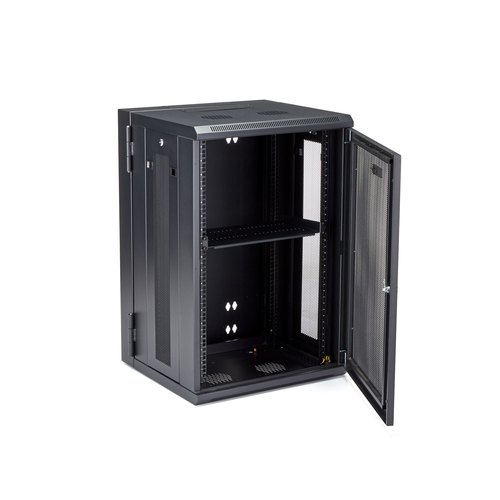 StarTech.com 4 Post 18U Wandmonteerbare Netwerkkast met 1U Schap, 19" Scharnierende Patchkast voor Data/AV/Electronica/Computer Apparatuur, Veelzijdig Geventileerd Server Rack, Vergrendelbaar