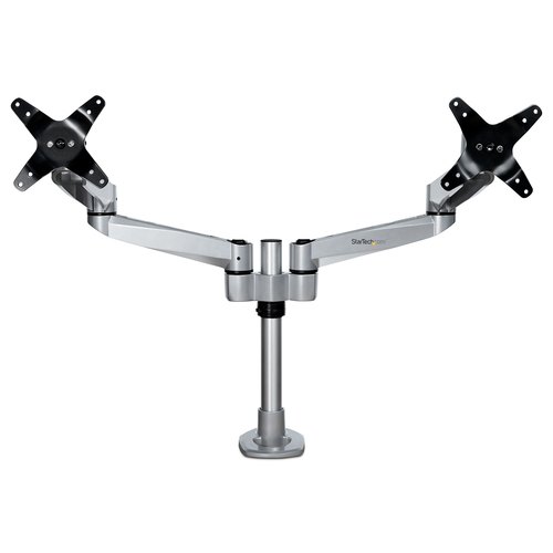 StarTech.com Dual Monitor Arm, Premium Scharnierende Bureau Monitor Beugel voor VESA Schermen tot 30" (10kg), Monitorsteun met Verstelbare Hoogte, Draaien/Kantelen/Zwenken, Klem/Doorvoertule, Zilver