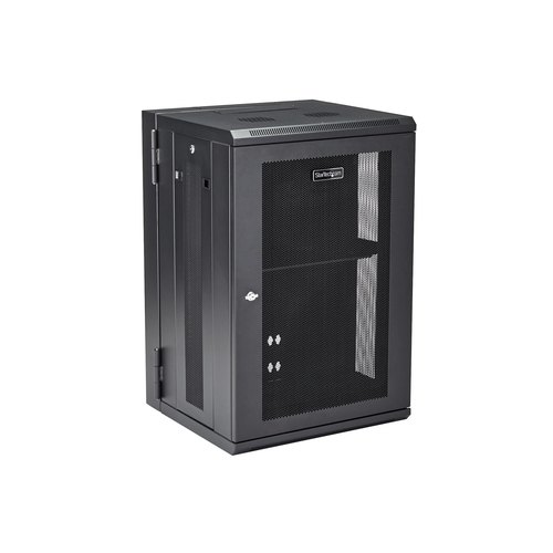 StarTech.com 4 Post 18U Wandmonteerbare Netwerkkast met 1U Schap, 19" Scharnierende Patchkast voor Data/AV/Electronica/Computer Apparatuur, Veelzijdig Geventileerd Server Rack, Vergrendelbaar
