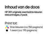 HP 301 originele zwarte/drie-kleuren inktcartridges, 2-pack