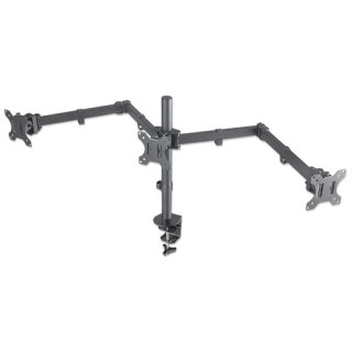 Manhattan Bureaubeugel voor 3 TV’s en monitoren, voor schermen 10"–27", met tafelklem, VESA-compatibiliteit: 75x75 en 100x100 mm (controleer de afmetingen van de vier montagegaten aan de achterzijde), max. 7 kg per scherm, zwart