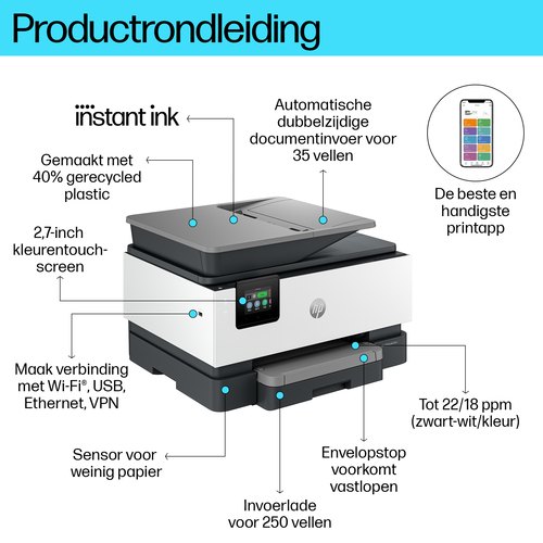 HP OfficeJet Pro 9120e Draadloos All-in-One Kleur Printer, Instant Ink; Dubbelzijdig printen