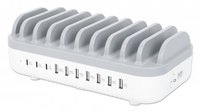 Manhattan Laadstation met 10 poorten: 3 USB-C (tot 18 W PD) en 7 USB-A (tot 12 W), totaal vermogen 120 W, wit/grijs, 3 jaar garantie