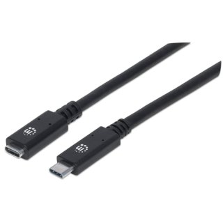 Manhattan USB-C naar USB-C verlengkabel, 50 cm, mannelijk naar vrouwelijk, 10 Gbps (USB 3.2 Gen 2 / USB 3.1), 5A, zwart, levenslange garantie
