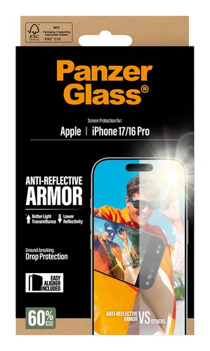PanzerGlass ® Anti-Reflective Armor Screen Protector iPhone 17 | iPhone 16 Pro w. EasyAligner Doorzichtige schermbeschermer Apple 1 stuk(s)