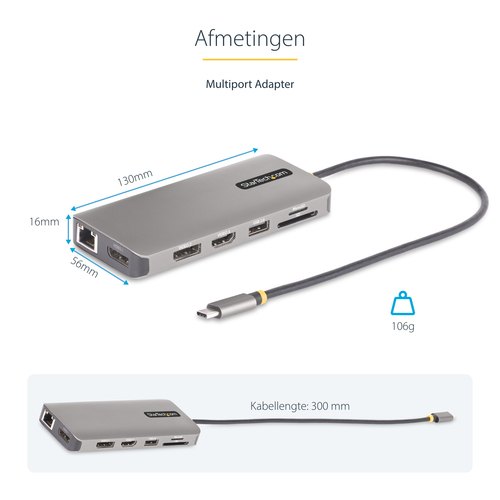 StarTech.com USB-C Triple Monitor Multiport Adapter, 5Gbps, Dual 4K 60Hz + 4K 30Hz HDMI & DisplayPort, 4-Port USB Hub, 100W PD Pass-Through, GbE, SD/MicroSD Kaartlezers