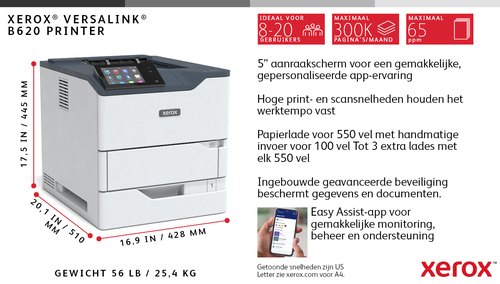 Xerox VersaLink B620 A4 61 ppm dubbelzijdige printer PS3 PCL5e/6 2 laden 650 vel