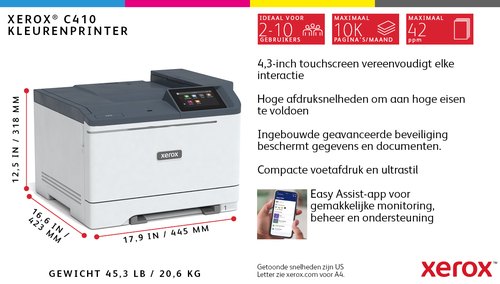 Xerox C410 A4 40 ppm dubbelzijdige printer PS3 PCL5e/6 2 laden 251 vel